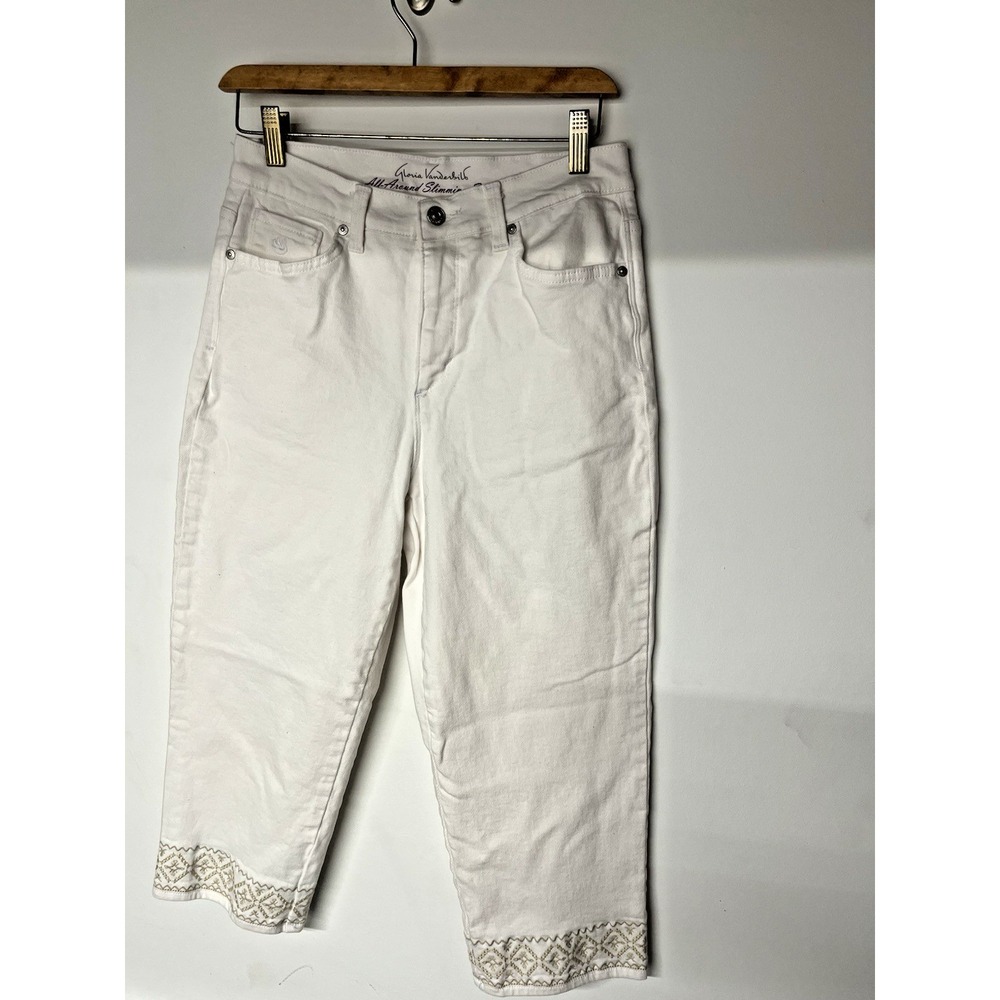 Gloria Vanderbilt‎ Amanda Capri Straight Leg Womens 6 White Embroidered Hem Boho